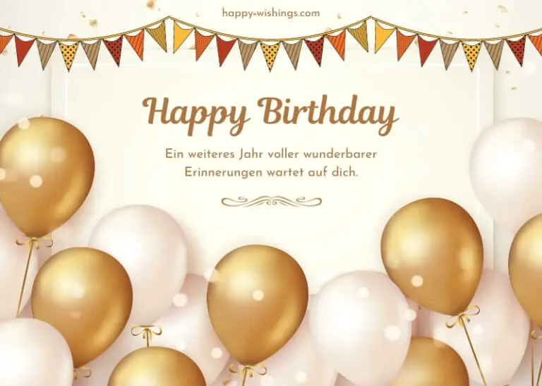 Geburtstagskarte mit goldenen Luftballons und süßem Glückwunsch
