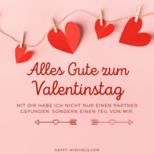 Romantischer Valentinstagsspruch für Partner oder Partnerin auf einer rosa Karte mit roten Herzen