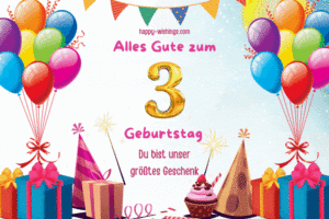 Glückwunschkarte zum 3. Geburtstag mit Luftballons und Geschenken